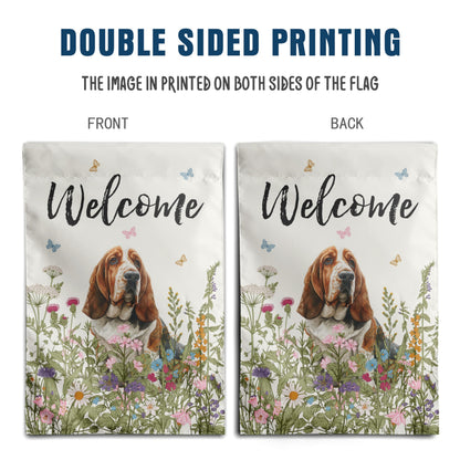 Spring Summer Garden Flag Floral Basset Hound Yard Flag Flower Dog Garden Flags for Outside Small Outdoor Welcome Flags 12x18 Double Sided