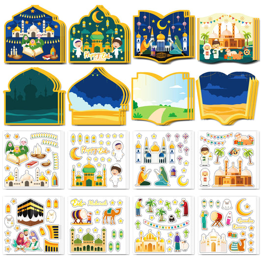 Eid Mubarak and Ramadan Kareem Craft Kit - 48 PCS DIY Mosque Scene Stickers for Kids, Create Your Own Religious Label Decal, Hanging Ornament Set for Eid Al-fitr Classroom Party Favor Goodie Supplies