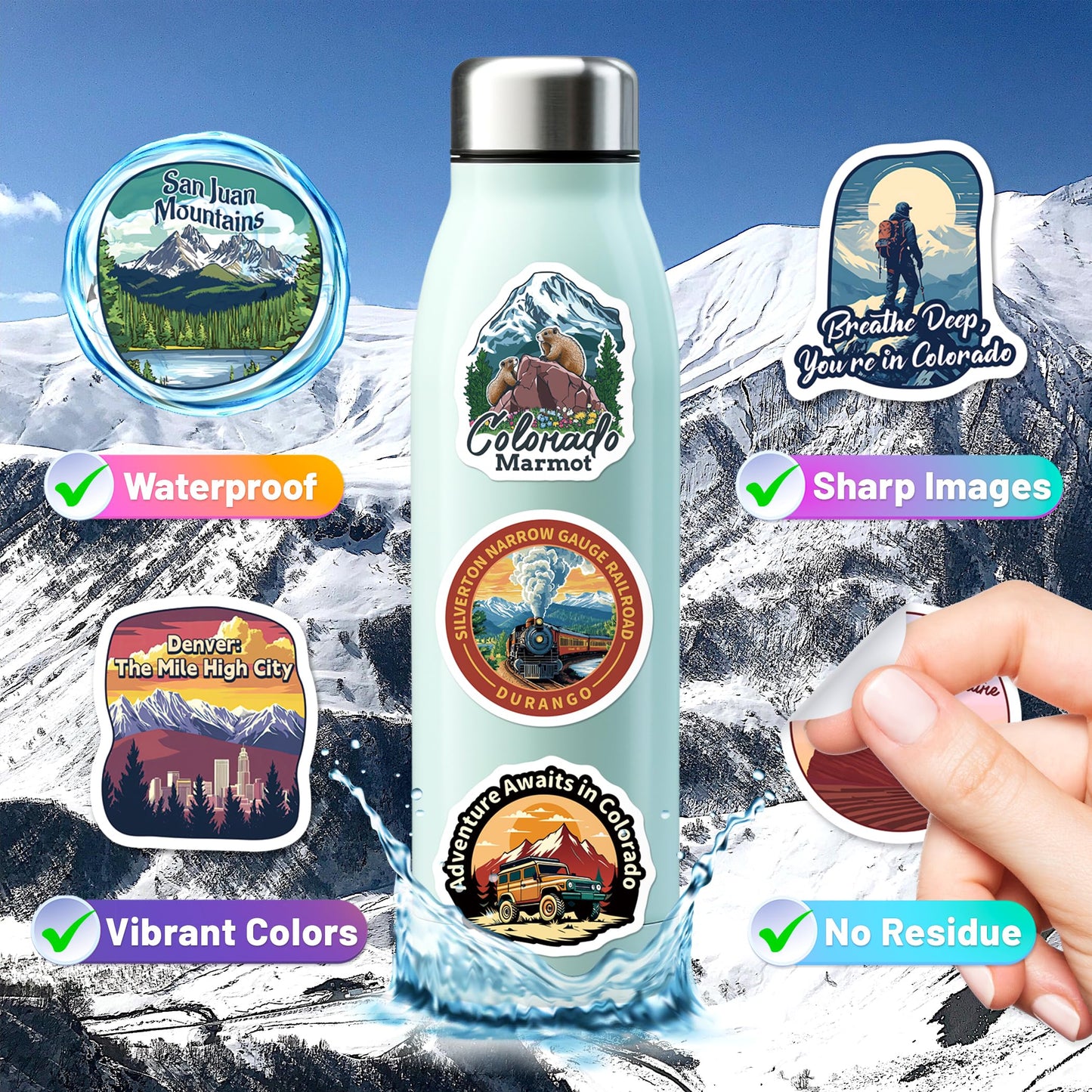 YTSQLER 200 PCS Colorado Stickers, Colorado Souvenirs Stickers for Laptop Water Bottle Suitcase Scrapbook, Vinyl Travel Souvenirs Decals for Adults Women Men