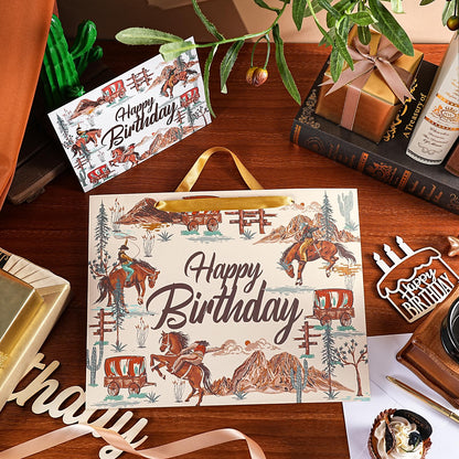 WRAPAHOLIC 13" Cowboy Birthday Gift Bags with Tissue Paper and Card - Brown Cowboy Theme Paper Bags for Men Birthday Western Theme Party Rodeo Stuffer