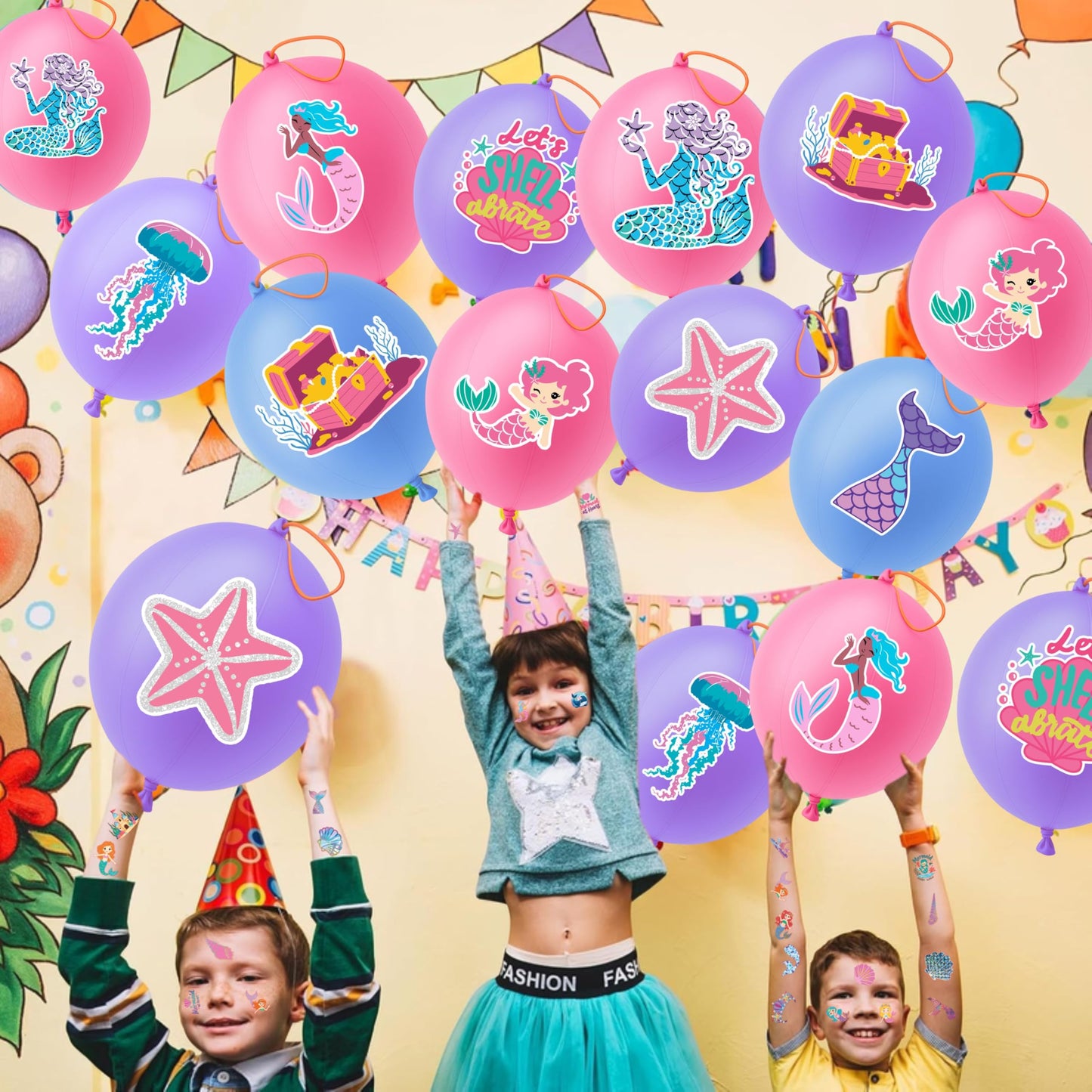 72 PCS Mermaid Party Favors – 48 Pre-Cut Temporary Tattoos & 24 Mermaid Ocean Punch Balloons Themed Birthday Party Decorations Supplies Favors Gifts Goodie Bag Fillers Classroom Rewards for Boys Girls