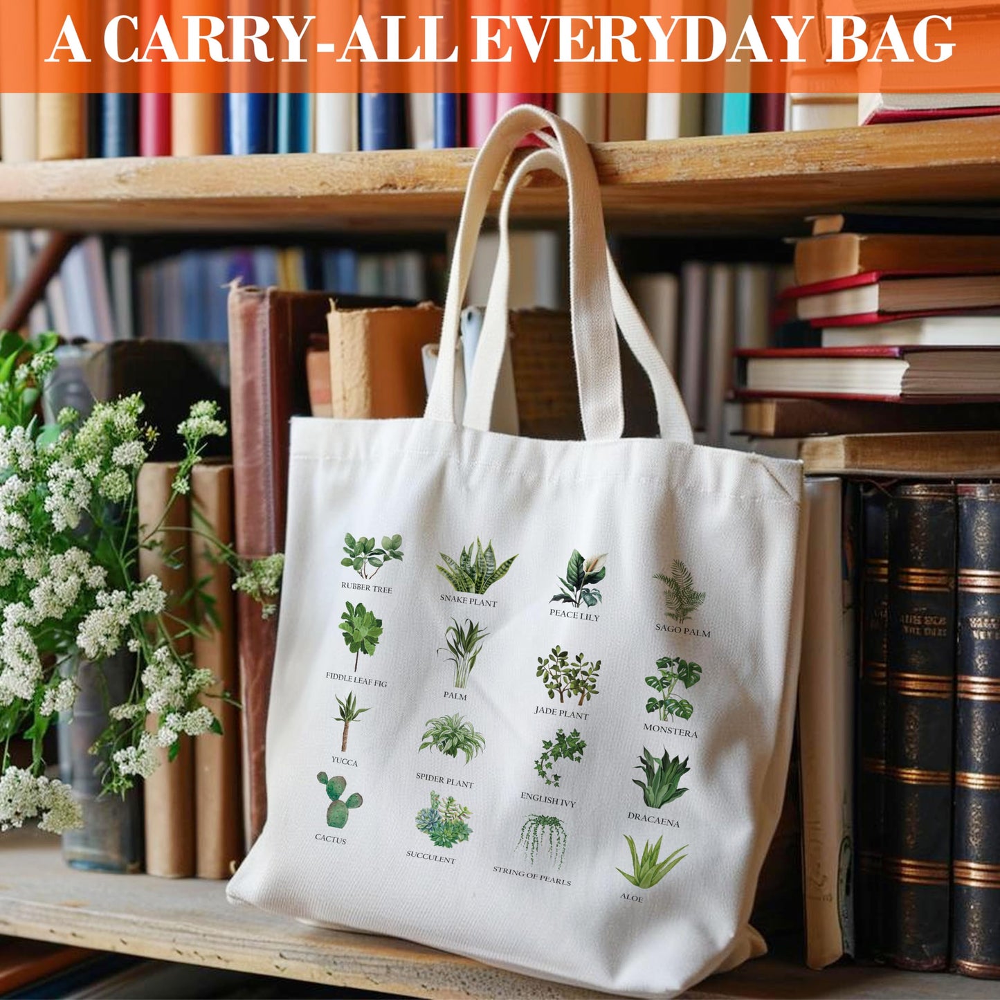 Plant Tote Bag for Women, Vegan Canvas Tote, Plant Lover Gift Bag, Just One More Plant Library Book Bag, Plantaholic Shopping Bag, Botanical Shoulder Bag Gifts for Vegetarian Plant Mom Plant Lady -63