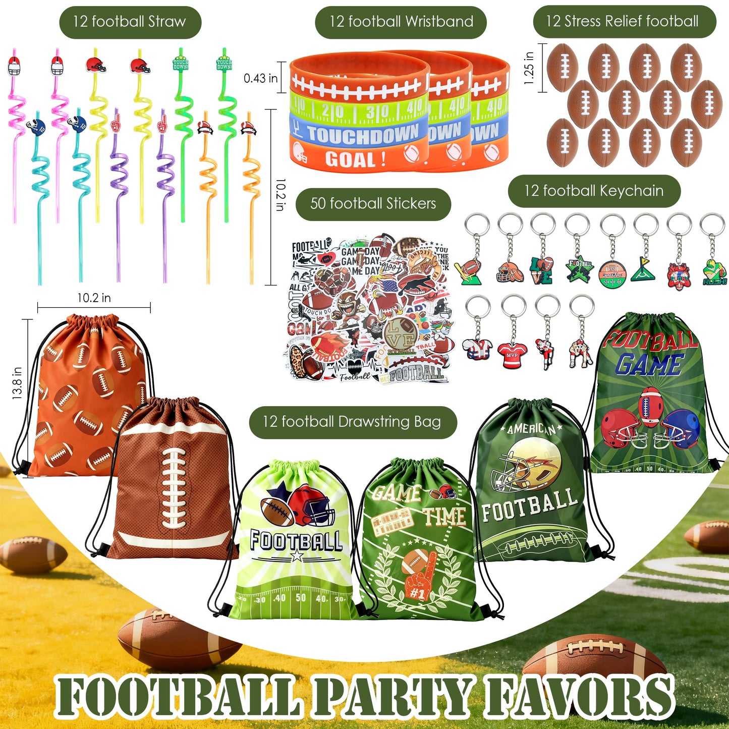 J6&H6 110 Pcs Football Party Favors Football Goodie Bags Including 12 Football Drawstring Bags Stress-relieving Football Straws Keychains silicone Wristband and stickers for FootballParty Gift.