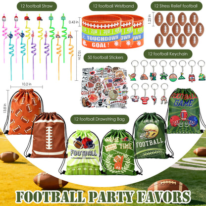J6&H6 110 Pcs Football Party Favors Football Goodie Bags Including 12 Football Drawstring Bags Stress-relieving Football Straws Keychains silicone Wristband and stickers for FootballParty Gift.