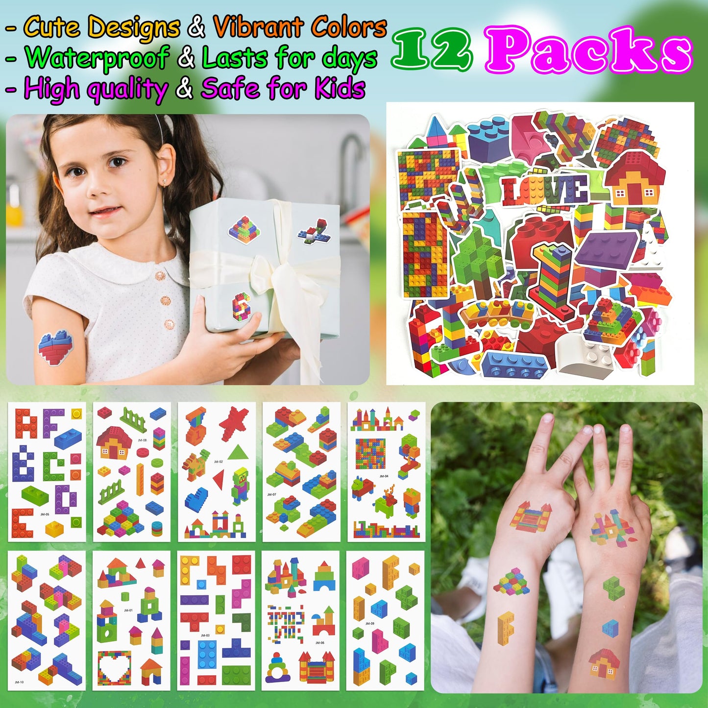 LINAYE 12 Packs Building Blocks Party Favors - 122 Pcs Birthday Party Favors Supplies with Goodie Bags, Animals Building Blocks, Notebooks, Tattoo Stickers Sheets Gift Bag Stuffers for Kids