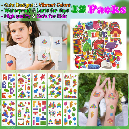 LINAYE 12 Packs Building Blocks Party Favors - 122 Pcs Birthday Party Favors Supplies with Goodie Bags, Animals Building Blocks, Notebooks, Tattoo Stickers Sheets Gift Bag Stuffers for Kids