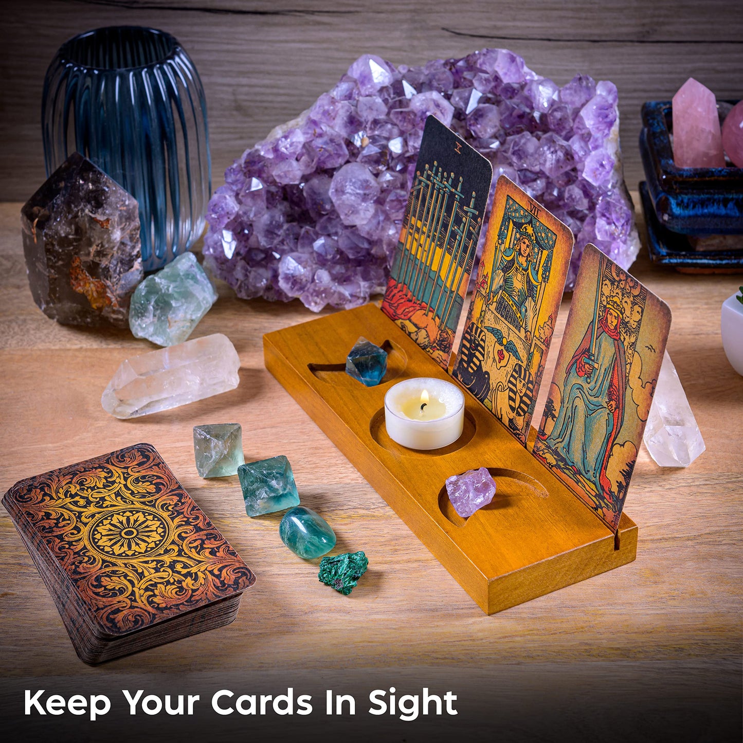 Tarot Card Holder Stand - Display Your Daily Draw - Witchy Gifts for Women, Tarot Accessories, Wiccan Altar Supplies, Witchcraft Decor, Divination Tools - 3-Card Stand with Etched Moon