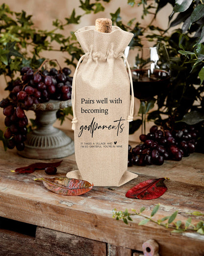 Godparents Proposal Gifts, God Parents Presents Proposal Gifts From Godchild, Will You Be My Godparents Wine Bag For Godparent Proposal, Godfather, Godmother, 1 Pc Burlap Wine Bottle Cover Bag (A01)