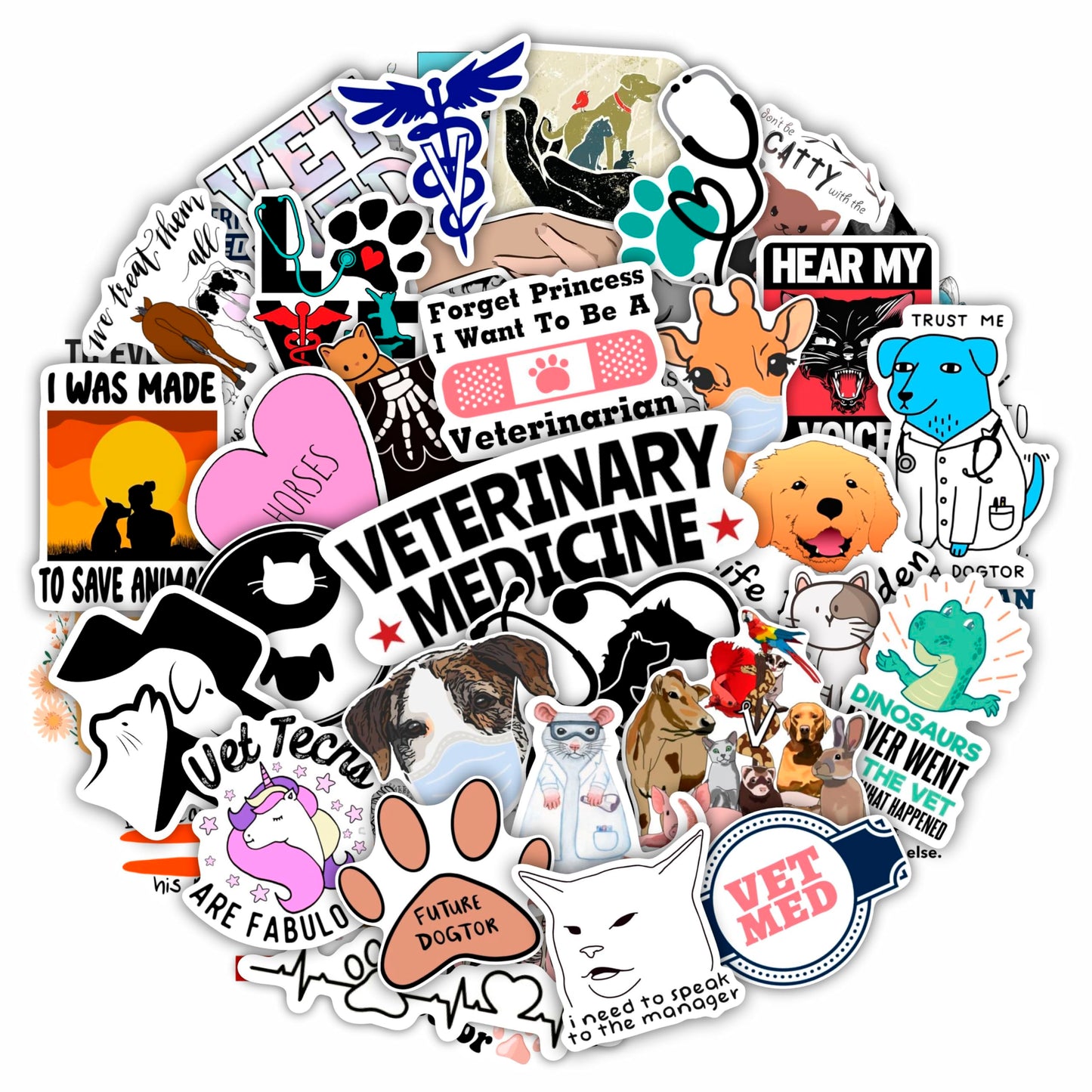 BulbaCraft 100Pcs Funny Veterinary Stickers and Laptop Decals, Vet Stickers, Veterinarian Decals, Funny Veterinary Gifts, Gifts for Women & Men