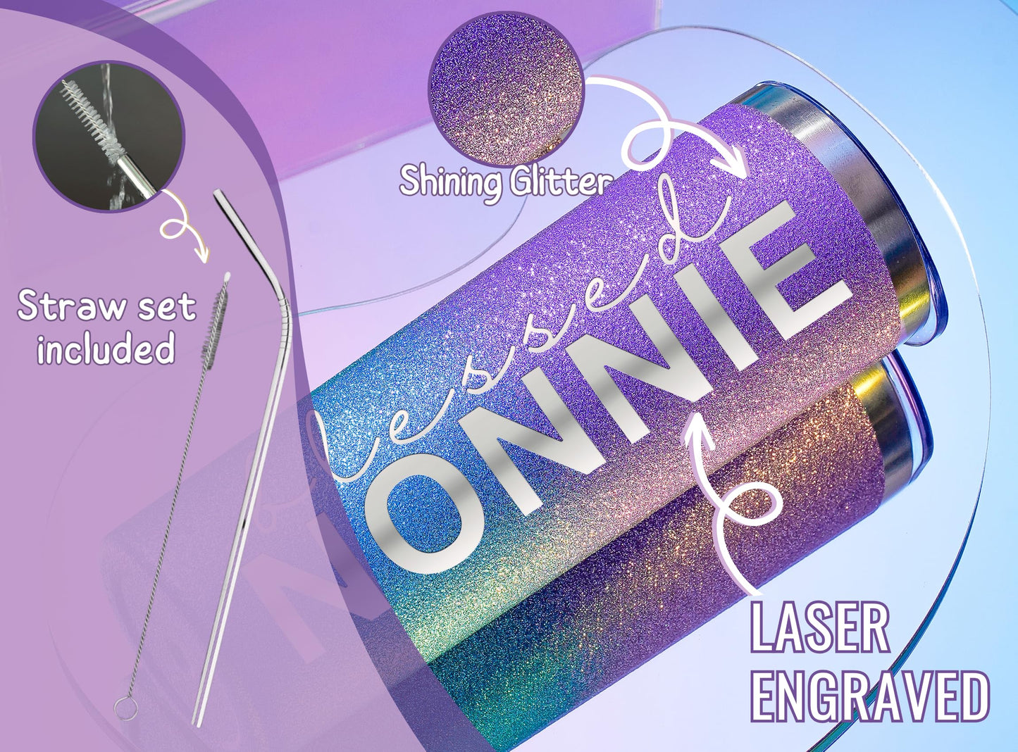 Onebttl Nonnie Gifts for Grandma's Mother's Day, 20oz Purple & Blue Glitter Skinny Tumbler, Straw & Lid Included, Christian Gifts for Blessed Nonnie