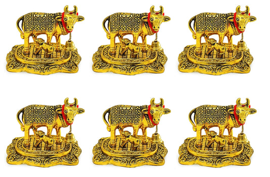 NOBILITY Pooja Items Diwali Gift Golden Small Kamdhenu Cow with Calf Metal Statue Decorative Item Showpiece for Home Office Decoration Wedding Return Gifts Pack of 6