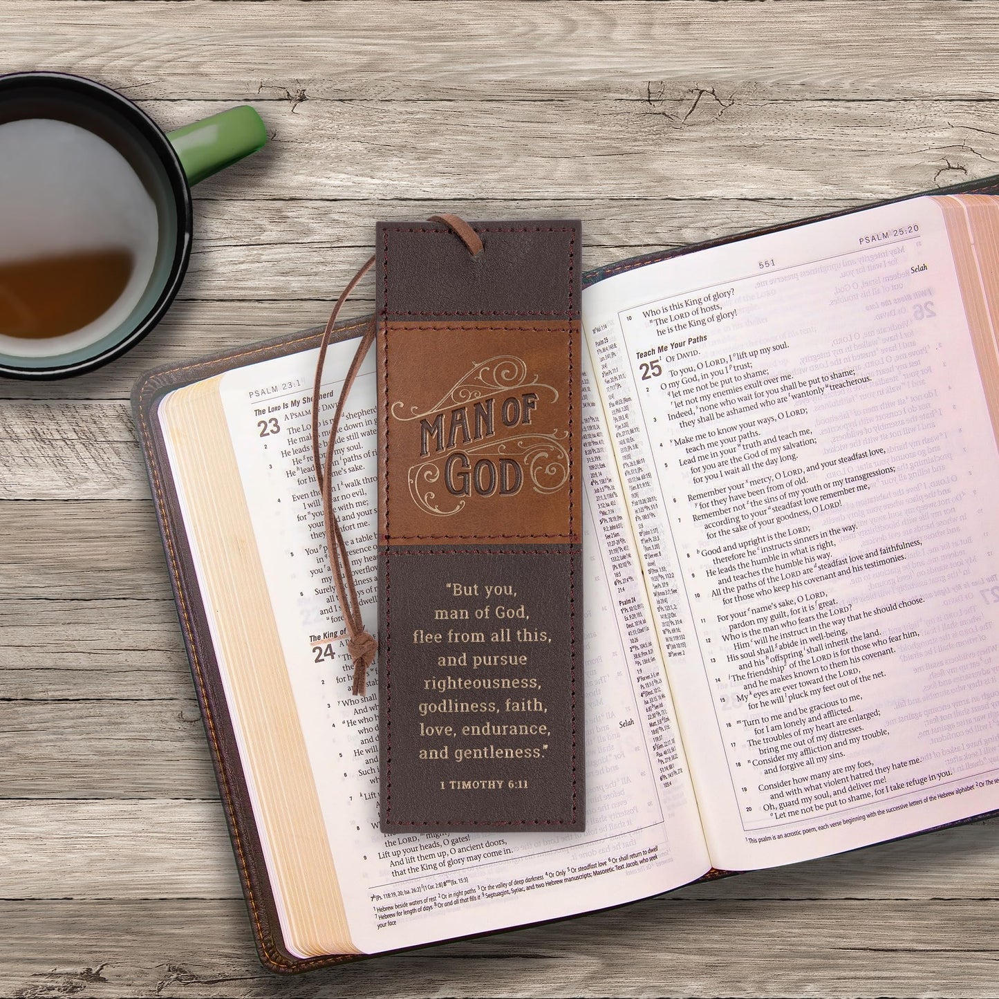 Christian Art Gifts Premium Inspirational Scripture Vegan Leather Bookmark for Men: Man of God Encouraging Bible Verse, Knotted Cord, Gold Text, Sturdy Slim Book Reading Accessory, Light & Dark Brown