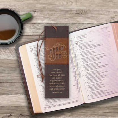 Christian Art Gifts Premium Inspirational Scripture Vegan Leather Bookmark for Men: Man of God Encouraging Bible Verse, Knotted Cord, Gold Text, Sturdy Slim Book Reading Accessory, Light & Dark Brown
