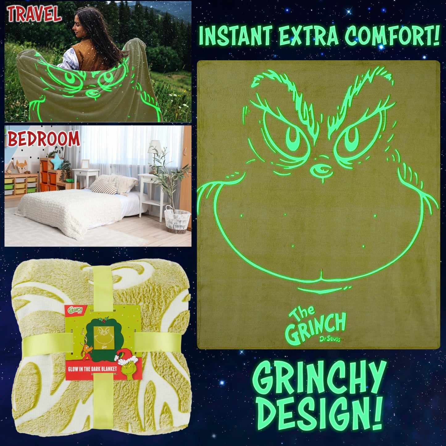 The Grinch Glow in the Dark Throw Blanket 51x59” for Kids Teens Adults, Soft Fleece Blanket for Sofa Bed, Cozy Warm Gifts for Kids (Green Grinch)