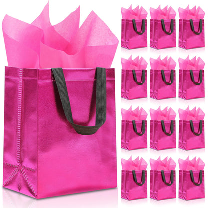KeerxunBag 12pcs Reusable Gift Bags（Includes Tissue Paper） Gift bag with handle Birthdays Parties Holidays Weddings Medium 10x4x8in pink Gift Bags