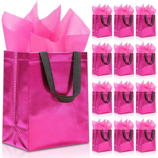 KeerxunBag 12pcs Reusable Gift Bags（Includes Tissue Paper） Gift bag with handle Birthdays Parties Holidays Weddings Medium 10x4x8in pink Gift Bags