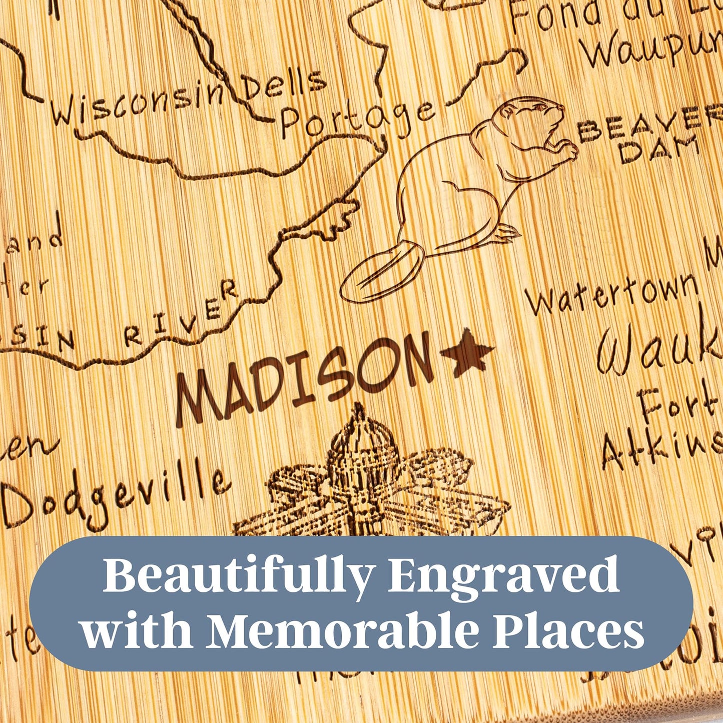 Totally Bamboo Destination Wisconsin State Shaped Serving and Cutting Board, Includes Hang Tie for Wall Display
