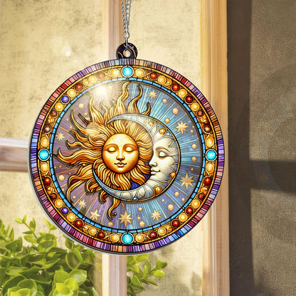 OASSIE Spiritual Gifts for Men Women - Double Layered Hanging Suncatcher 6 in - Sun and Moon Decorations, Birthday Gifts for Mom Dad Family, Friend, Celestial Boho Home Décor