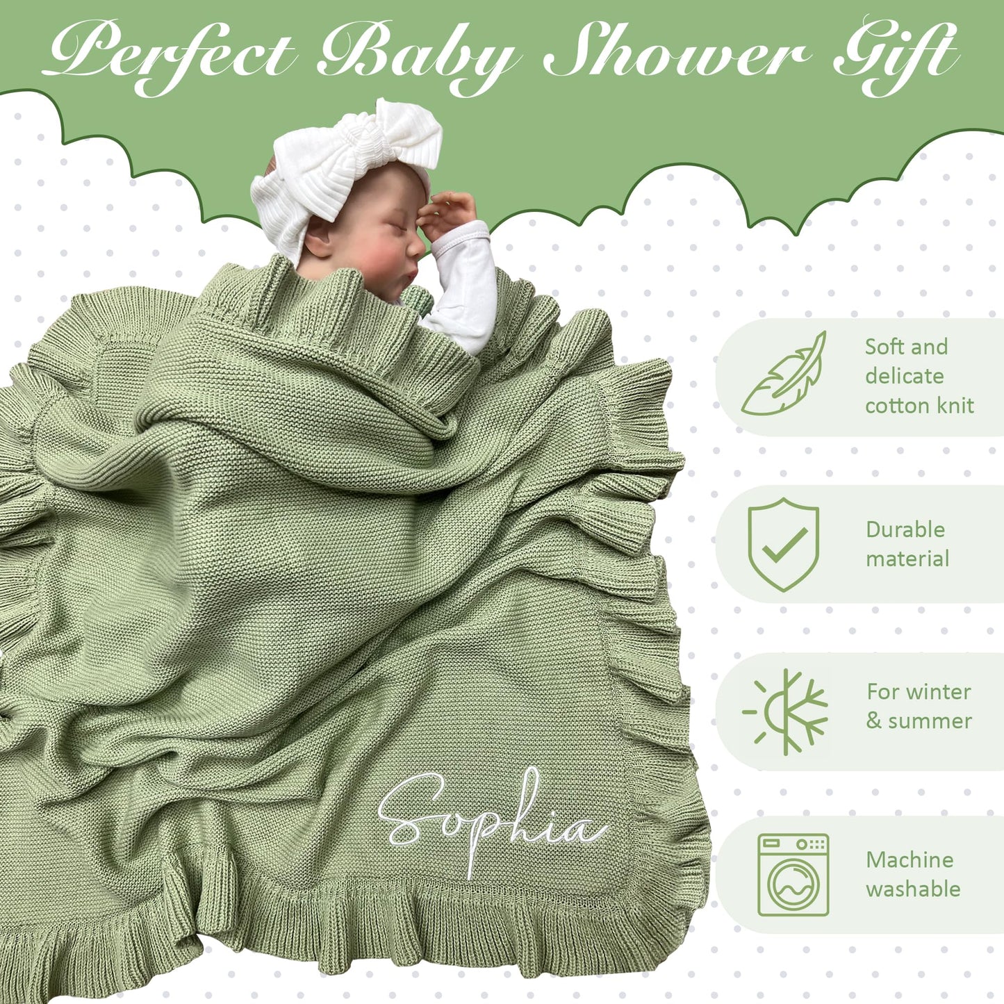 Knit – 30x40in Personalized Baby Blanket for Newborn Girl and Boy – Custom Blanket with Name Embroidery – Soft Knitted Baby Blanket – Custom Baby Gifts for Baby Shower (Sage)
