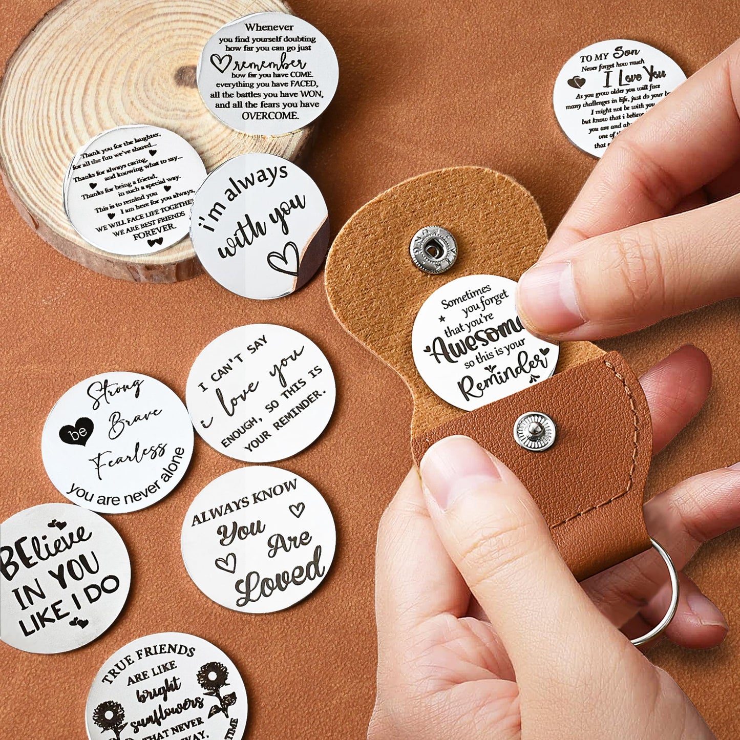 OUMILAN Pocket Hug Token Gifts for Men Boyfriend Girlfriend Inspirational Gift for Son Daughter Brother with Leather Keychain