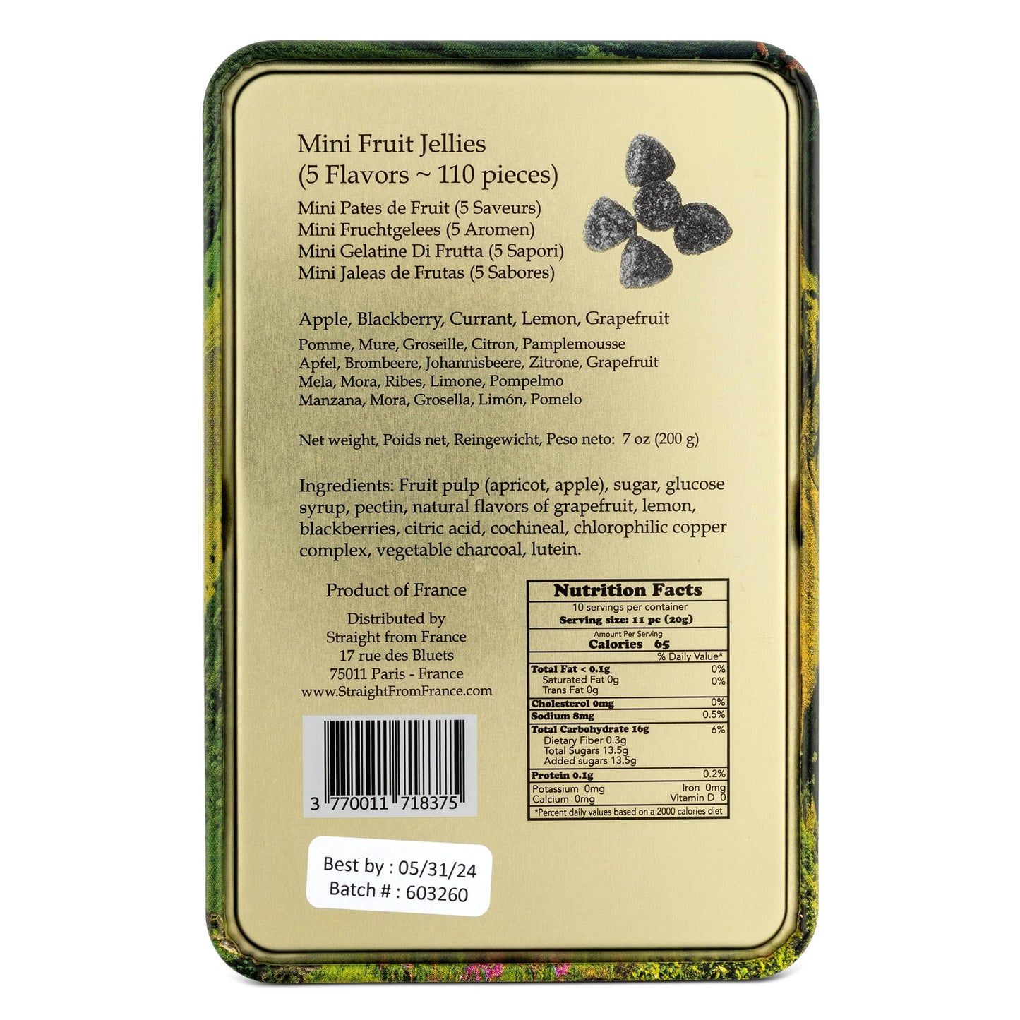 Straight from France Genuinely French, Assorted Mini French Fruit Jellies (Pates de Fruit), 5 Flavors in Auvergne Themed Candy Gift Tin 7 Oz