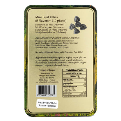 Straight from France Genuinely French, Assorted Mini French Fruit Jellies (Pates de Fruit), 5 Flavors in Auvergne Themed Candy Gift Tin 7 Oz