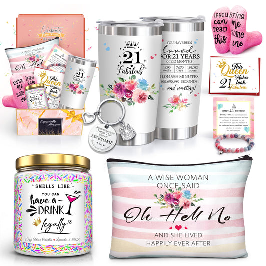 ShinnyWis 21st Birthday Gifts for Women Her,Happy 21st Birthday Basket Gifts Box for Her Daughter Sister Girlfriend,Tumblers Gifts Set for 21 Year Old Women,Funny 21 Birthday Gifts Ideas