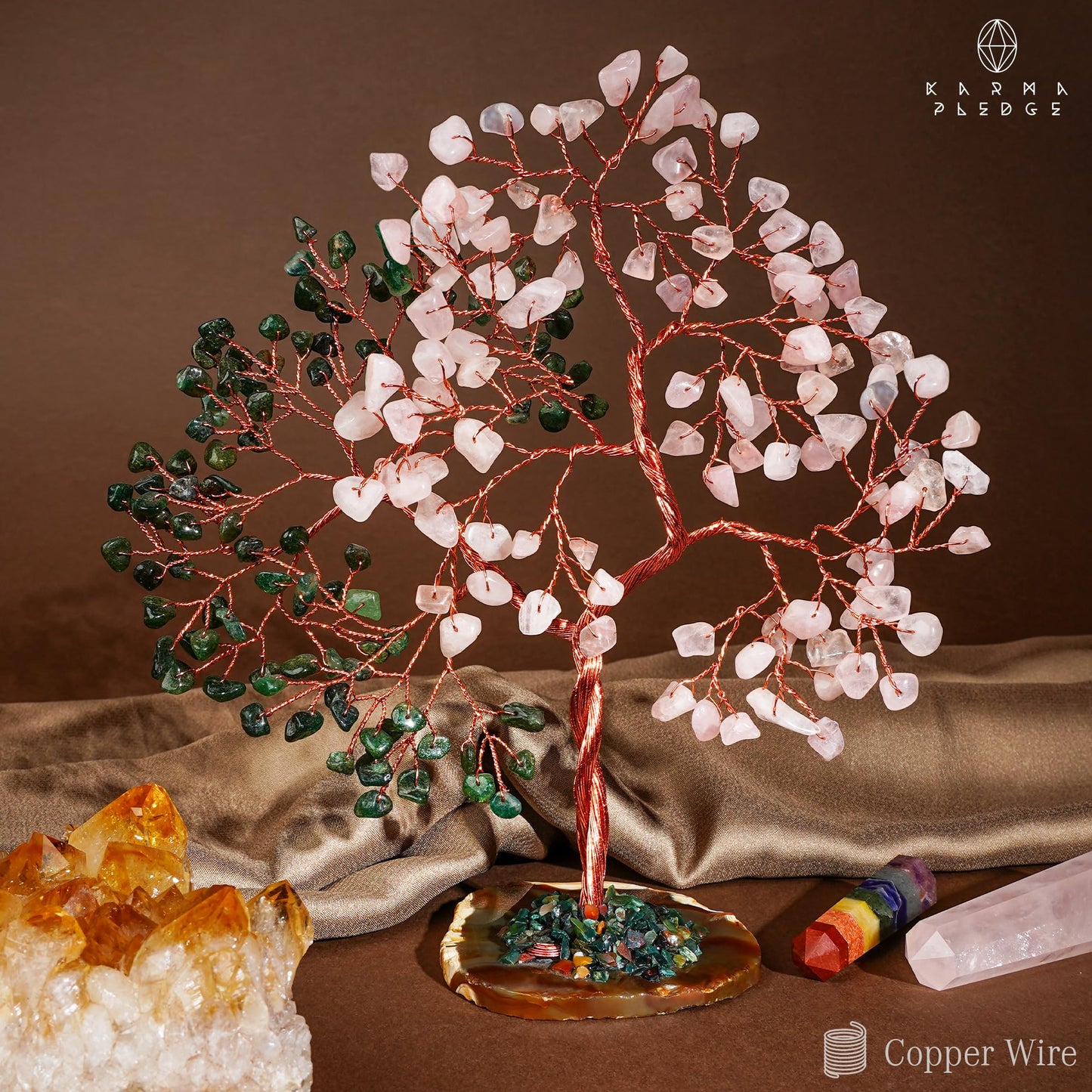 Handmade Healing Crystal Tree of Life Green Aventurine & Rose Quartz Chakra Tree for Money, Good Luck, Feng Shui Home Decor, Living Room Office Deocration, Unique Birthday Gifts for Women, Men, Mom