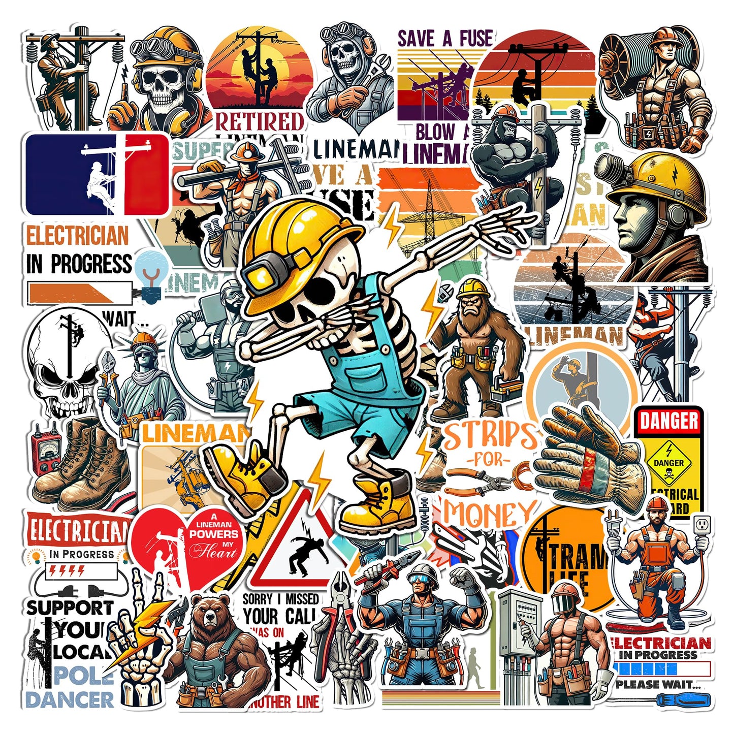 50 Pcs Lineman Vinyl Sticker Waterproof Hard Hat Decals Electrician Stickers Tablet Water Bottle Luggage Laptop Helmet Phone Window Toolbox Gifts for Adults Men Line Worker Coworkers