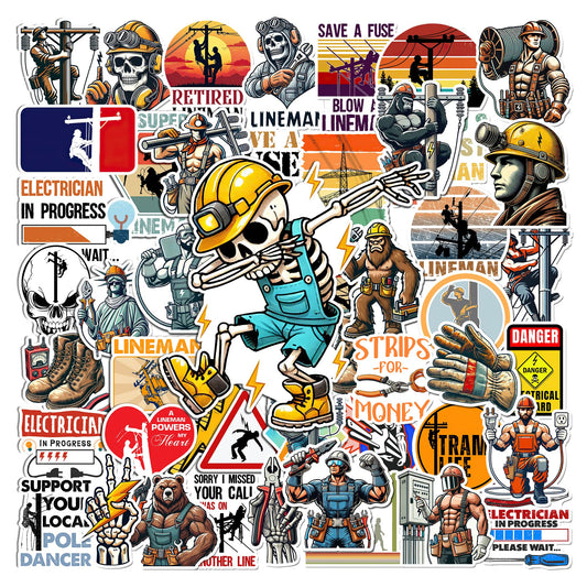 50 Pcs Lineman Vinyl Sticker Waterproof Hard Hat Decals Electrician Stickers Tablet Water Bottle Luggage Laptop Helmet Phone Window Toolbox Gifts for Adults Men Line Worker Coworkers