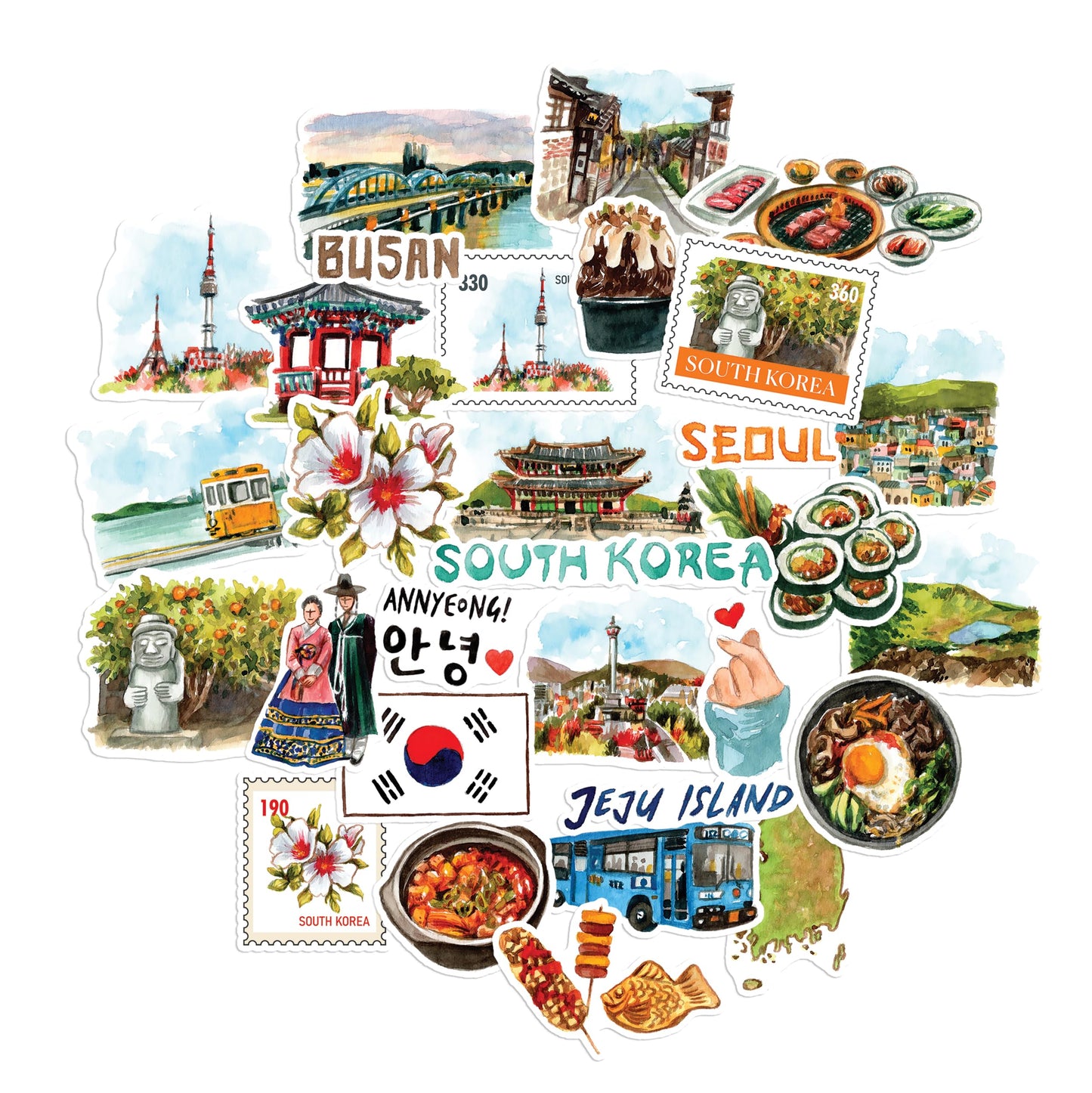 Navy Peony Scenic South Korea Travel Stickers (30pcs) - Hand-Illustrated, Seoul, Korean Decals for Journals, Scrapbooks, Water Bottles