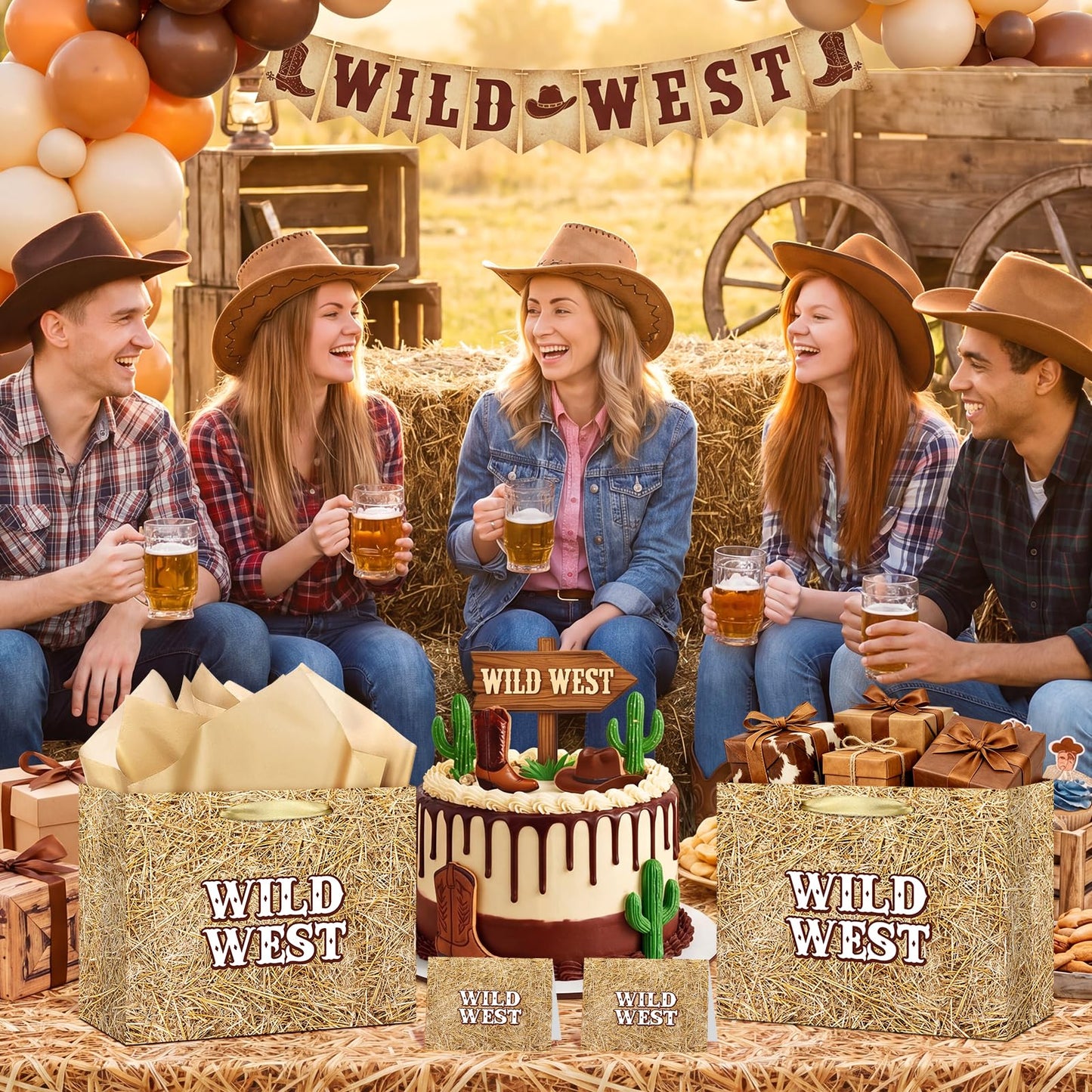 Fake Hay Bales Wild West Gift Bag with Card & Tan Wrapping Papers,Straw Yeehaw Happy Trails Western Gift Bag for Rodeo,Cowgirl Cowboy Birthday,Western-themed Wedding,Country Farm Party Goodie TreatBag