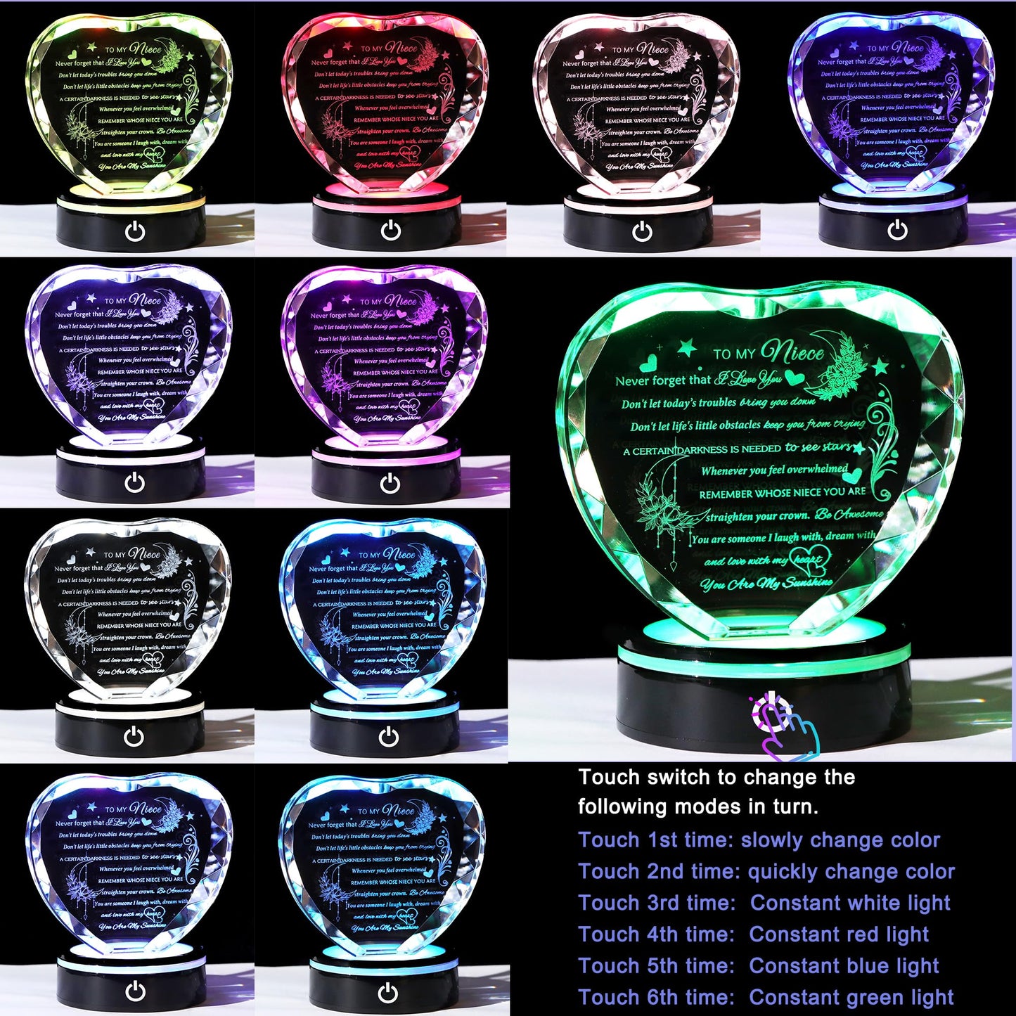 YWHL Niece Gifts from Auntie Uncle Heart Crystal Inspirational Graduation Gift for Niece with Colorful LED Base Unique Niece Gifts from Aunt on Birthday Christmas Valentine Day
