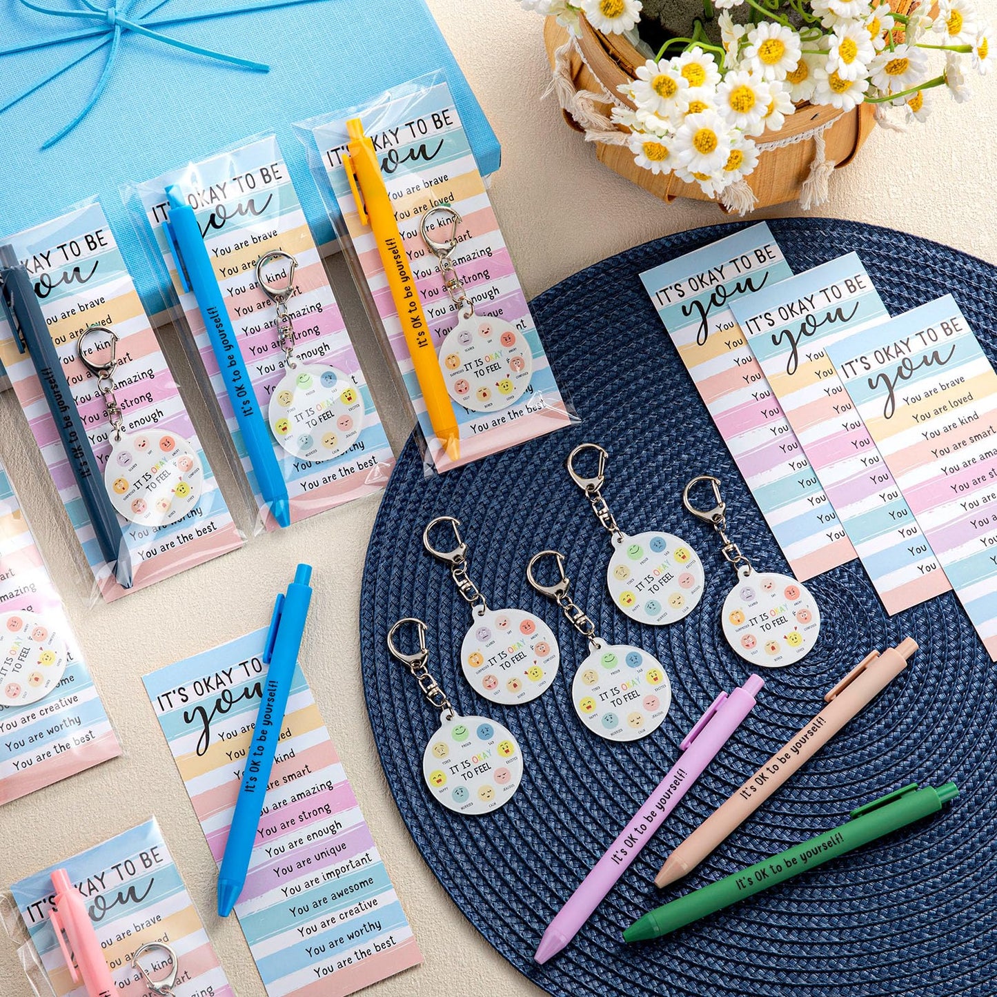 48 Pcs 16 Sets Mental Health Gift Bulk Pastel Inspirational Pens Motivational Funny Emotion Keychains with Positive Cards Employee Appreciation Gifts for Office Staff Coworker Teachers Students
