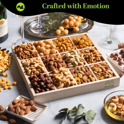 NUT CRAVINGS Gourmet Collection - Sympathy Condolence, Nuts Gift Basket with Sympathy Ribbon + Greeting Card in Reusable Wooden Tray (12 Assortments) Food Platter Healthy Snack Care Package