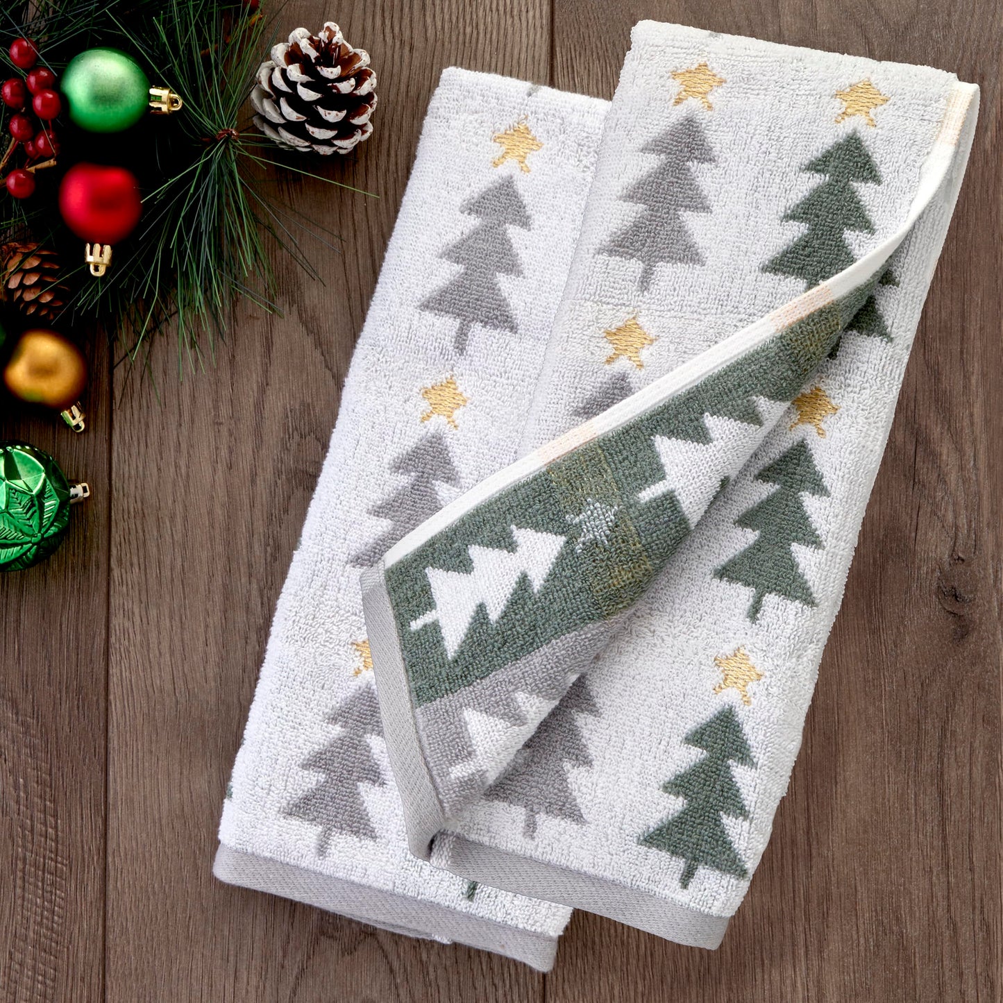 SKL Home Christmas/Winter Multi Trees 100% Cotton Premium 2-Piece Hand Towel Set, 500 GSM, Reversible Jacquard, Soft & Absorbent, Decorative for Bath/Kitchen/Bar, Multi