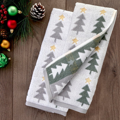 SKL Home Christmas/Winter Multi Trees 100% Cotton Premium 2-Piece Hand Towel Set, 500 GSM, Reversible Jacquard, Soft & Absorbent, Decorative for Bath/Kitchen/Bar, Multi