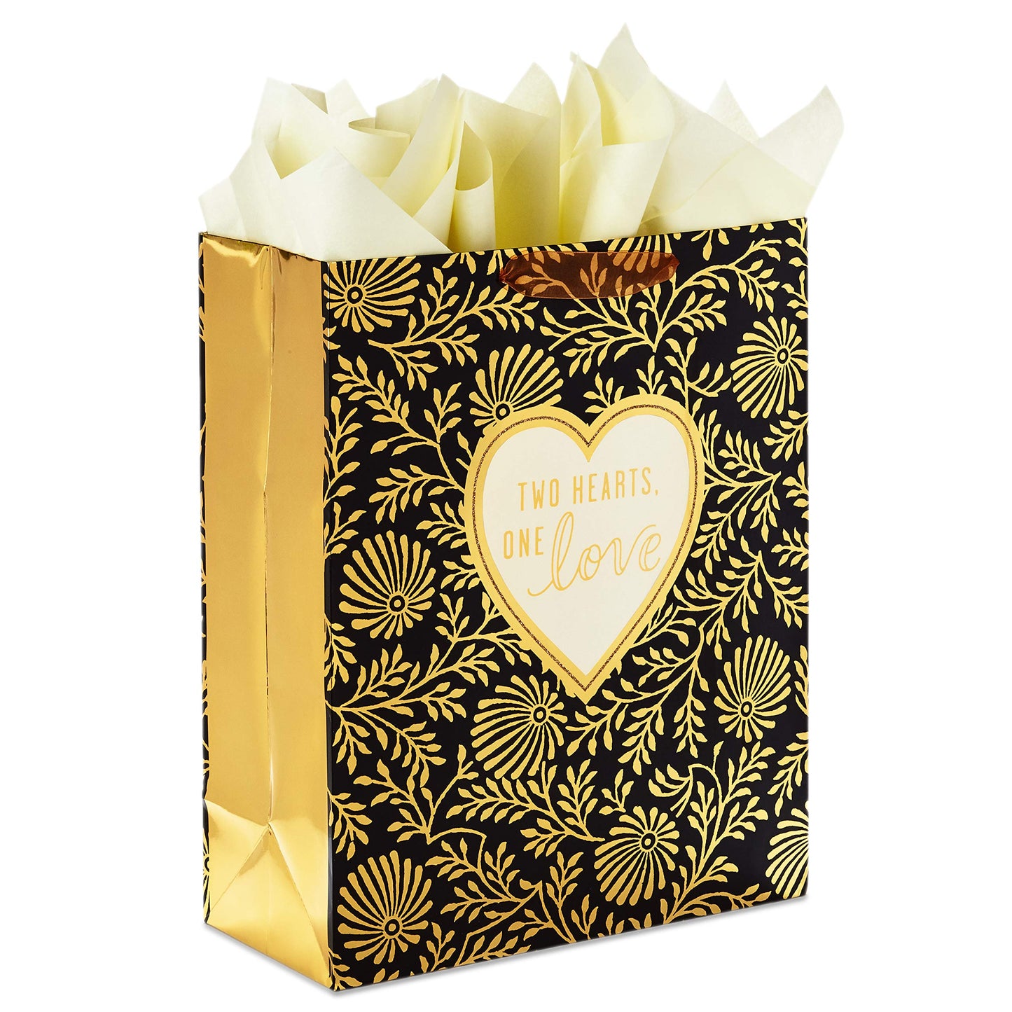 Hallmark 15" Extra Large Gift Bag with Tissue Paper ("Two Hearts, One Love" Black and Gold) for Weddings, Anniversaries, Engagements, Valentine's Day