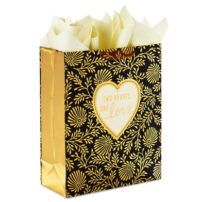 Hallmark 15" Extra Large Gift Bag with Tissue Paper ("Two Hearts, One Love" Black and Gold) for Weddings, Anniversaries, Engagements, Valentine's Day