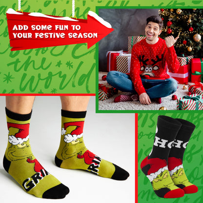 The Grinch Socks for Men & Teens Size 7-11, Pack of 5 or 6 Soft Breathable Crew Socks, Xmas Gifts for Him