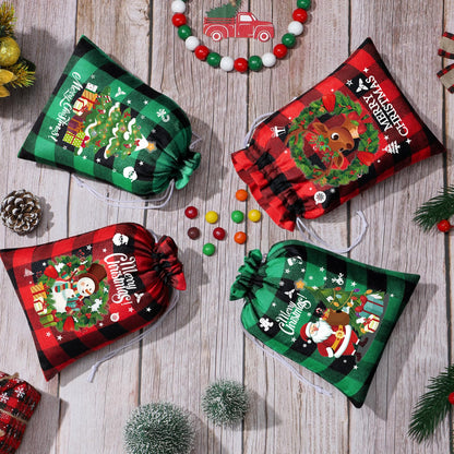 FLOE 24Pcs Burlap Christmas Drawstring Bags, 6x8in Buffalo Plaid Xmas Gift Bags w/Tag Xmas Candy Bag Small Christmas Linen Treat Goody Gift Sacks Reusable Gifts Wrapping Bag Holiday Party Favors Sack