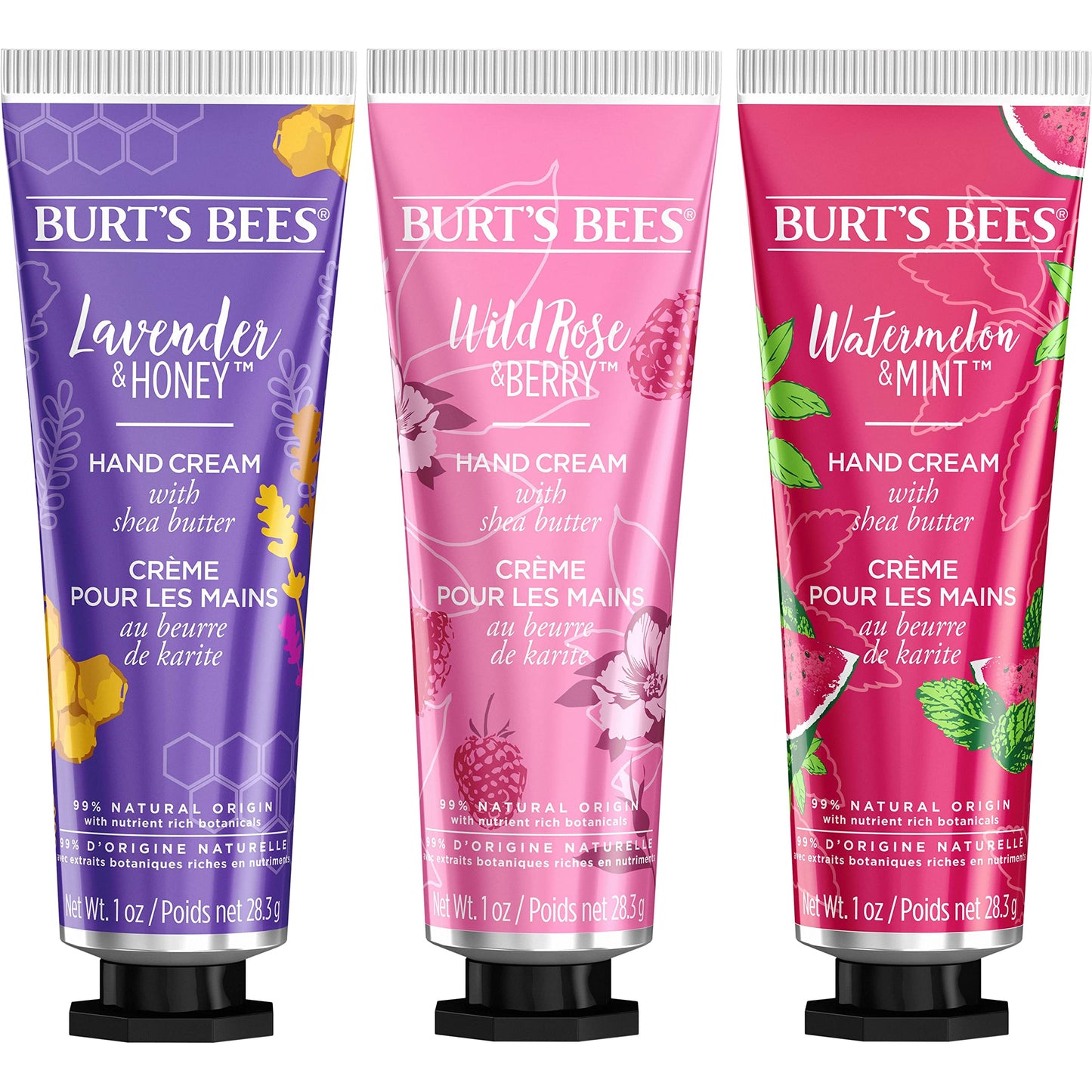 Burt's Bees Spring Gift, 3 Moisturizing Self Care Gifts, Shea Butter Hand Cream Trio Spring Set - Lavender & Honey, Wild Rose & Berry and Watermelon & Mint (Packaging May Vary)