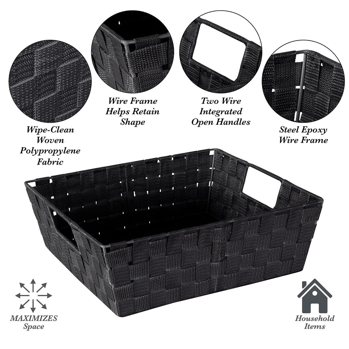 Simplify Large Shelf Woven Strap Tote | Decorative Storage Basket | Built in Handles | Organization | Closet | Bedroom | Bathroom | Nursery | Accessories | Toys | Gifts | 1 Pack | Black