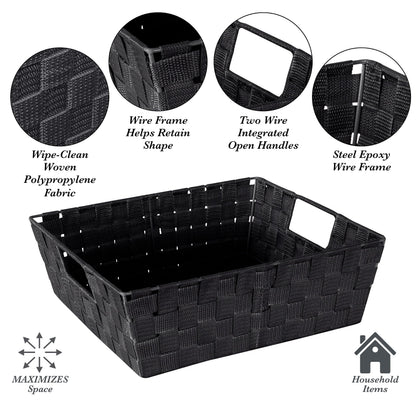 Simplify Large Shelf Woven Strap Tote | Decorative Storage Basket | Built in Handles | Organization | Closet | Bedroom | Bathroom | Nursery | Accessories | Toys | Gifts | 1 Pack | Black