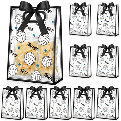 Aliceset 12 Pcs Volleyball Clear Goodie Bag with Die Cut Handles and Ribbons Volleyball Theme Party Favor Bags for Team Snack Gifts Wrapping Birthday Sport Party Treats Supplies, 7 x 10 x 3.15 Inch