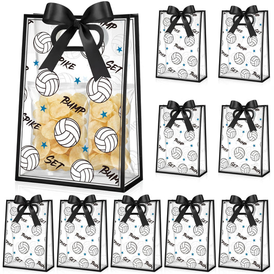 Aliceset 12 Pcs Volleyball Clear Goodie Bag with Die Cut Handles and Ribbons Volleyball Theme Party Favor Bags for Team Snack Gifts Wrapping Birthday Sport Party Treats Supplies, 7 x 10 x 3.15 Inch