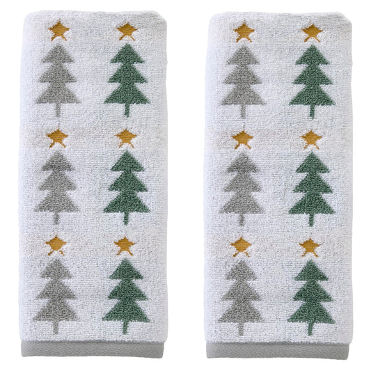 SKL Home Christmas/Winter Multi Trees 100% Cotton Premium 2-Piece Hand Towel Set, 500 GSM, Reversible Jacquard, Soft & Absorbent, Decorative for Bath/Kitchen/Bar, Multi