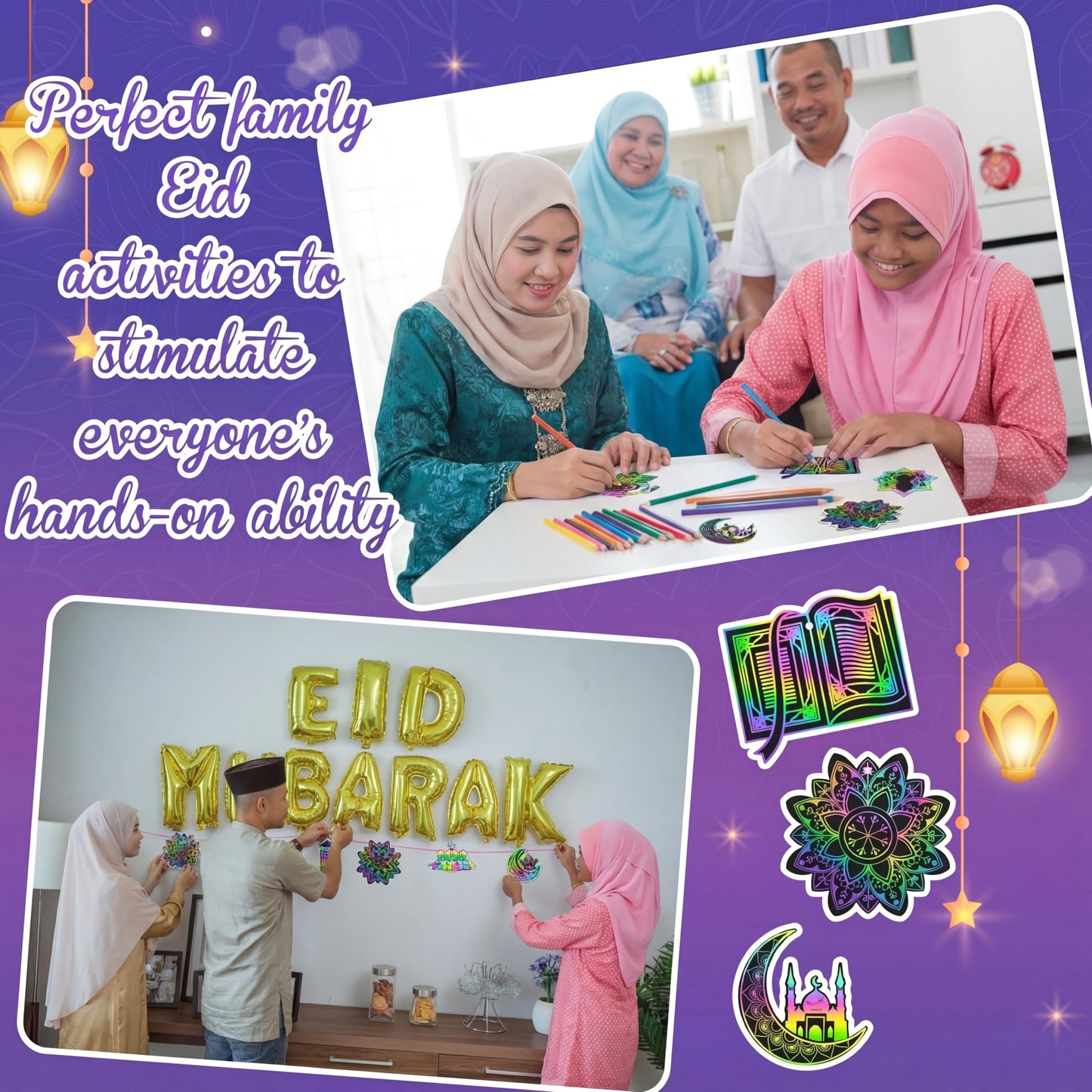 Hollowfly 96 Pcs Ramadan Scratch Paper Kit Eid Mubarak Paper Scratch Off Card Eid Crafts Ramadan DIY Rainbow Hanging Ornament Craft for Ramadan Party Eid Mubarak Activity Drawing Supplies Decor