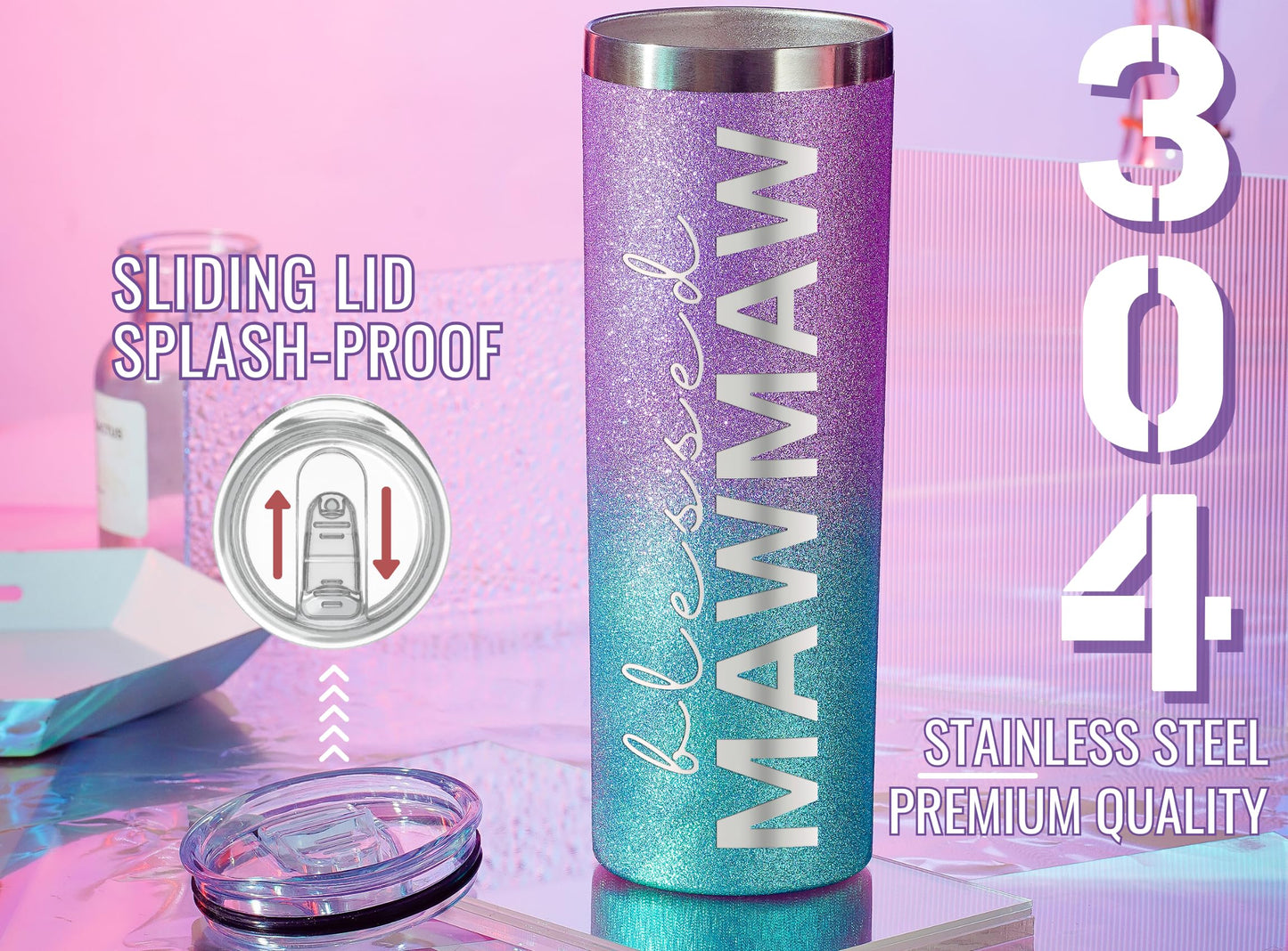 Onebttl Mawmaw Gifts for Grandma's Mother's Day, 20oz Purple & Blue Glitter Skinny Tumbler, Straw & Lid Included, Christian Gifts for Blessed Mawmaw