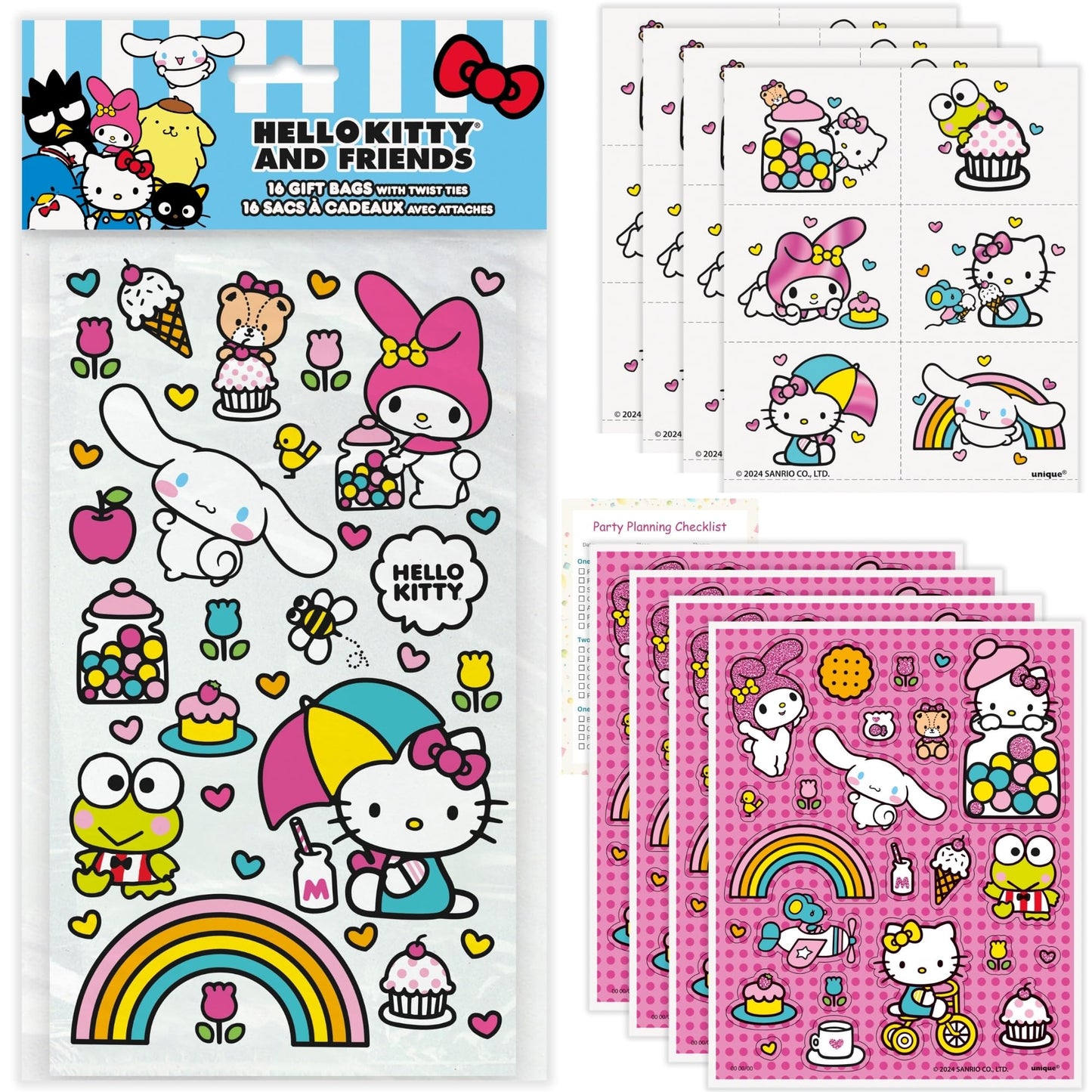 Unique Hello Kitty Party Favors - 16 Goodie Bags with 16 Sticker Sheets, 24 Tattoos, Checklist - Hello Kitty Birthday Decorations - Officially Licensed